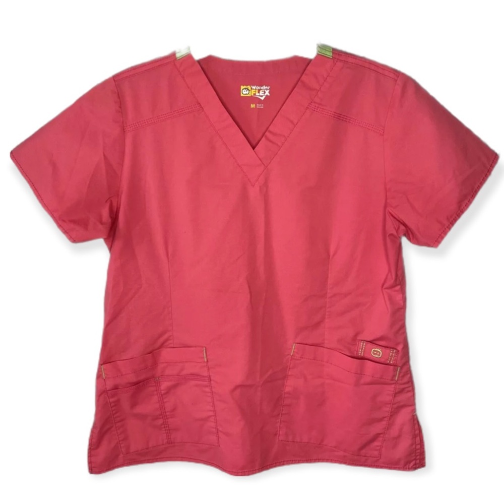 WonderWink Flex Women’s Medium Scrub Top Pink Watermelon Solid Medical Nursing